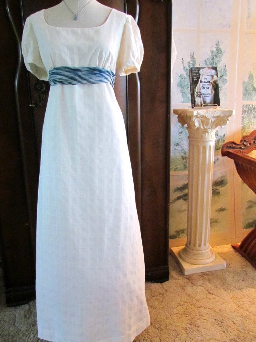WHITE REGENCY GOWN, L, JANE AUSTEN STYLE COTTON DAY GOWN, SASH OPTIONS HAND MADE